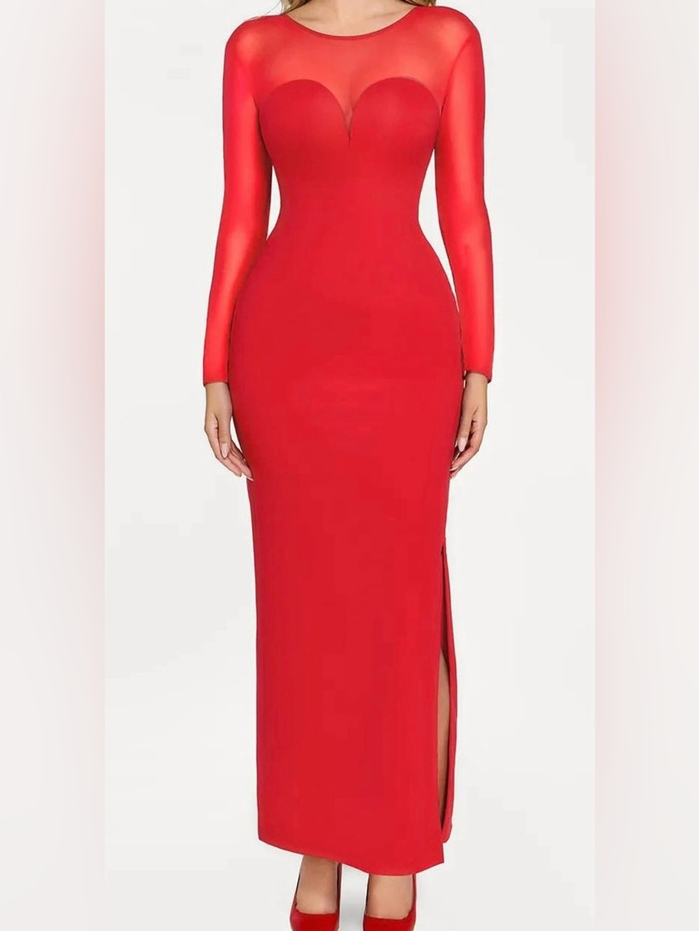 Shapewear Long Sleeve Mesh V-
Back Slimming Maxi Dress